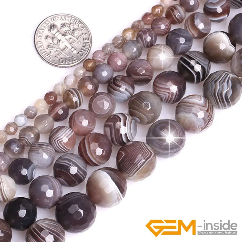 Natural Botswana Agate Faceted Round Beads – 15" Strand for DIY Jewelry Making (4mm / 6mm / 8mm / 10mm)