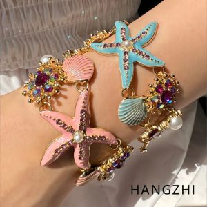 HANGZHI Blue & Pink Drip Oil Starfish Shell Pearl Bracelet Anklet – Summer Beach Jewelry for Women
