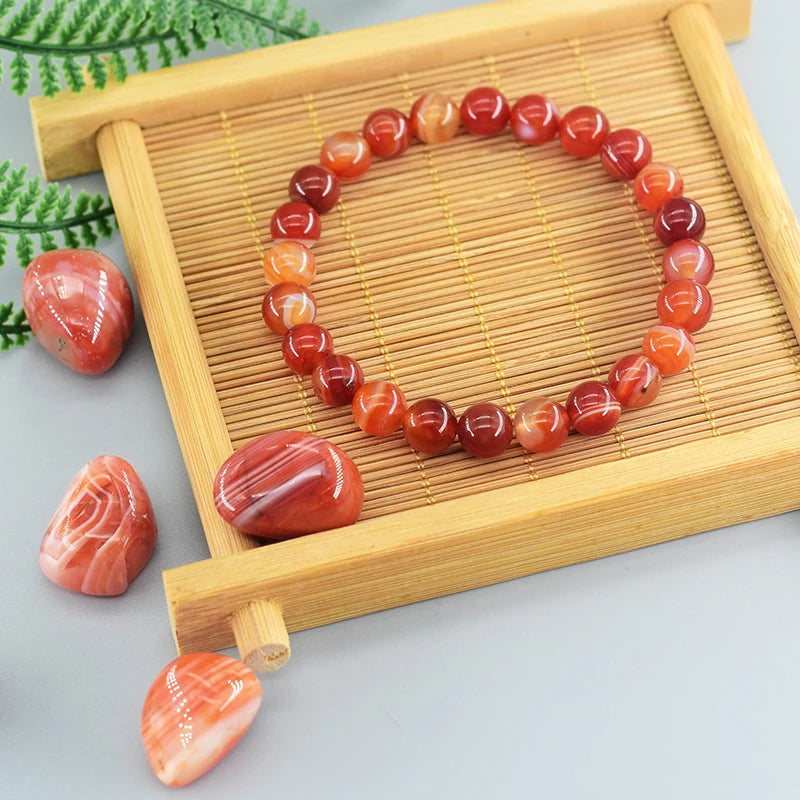 Natural Red Stripe Agate & Carnelian Bead Bracelet – Healing Crystal Jewelry for Men & Women - Image 2