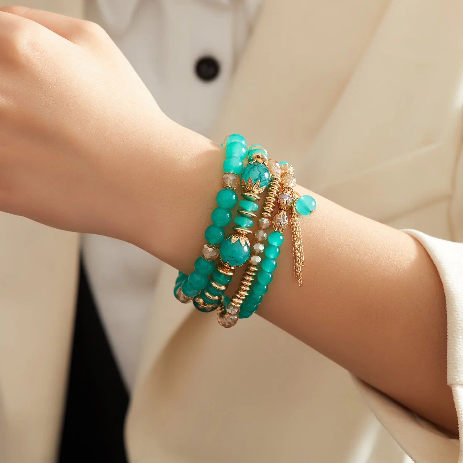 Bohemian 4PCS Crystal Multi-Layer Beaded Bracelet – Colorful Jewelry Set for Women & Girls - Image 3